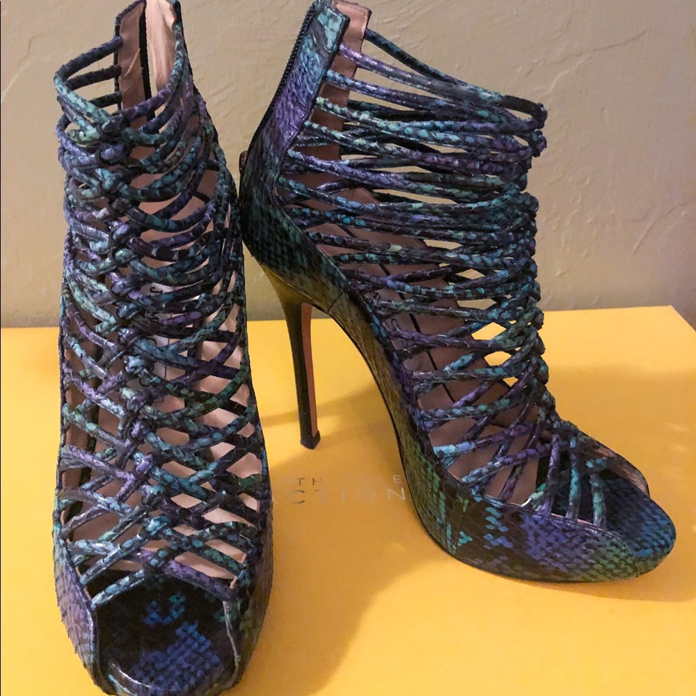 Jimmy Choo Teal and Purple Snakeskin Strappy Stiletto Booties